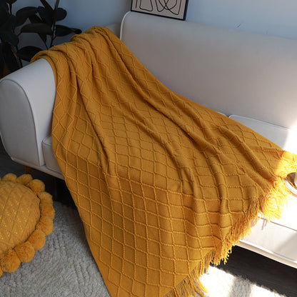 SOGA 2X Yellow Diamond Pattern Knitted Throw Blanket Warm Cozy Woven Cover Couch Bed Sofa Home Decor with Tassels • LUZ-Blanket901X2
