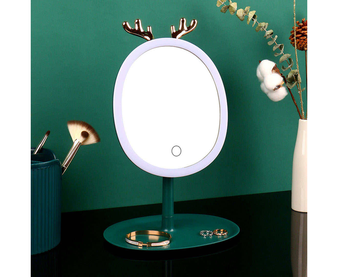 SOGA Green Cosmetic Jewelry Storage Organiser with Antler LED Light Mirror Tabletop Vanity Set LUZ-BathC110-G534