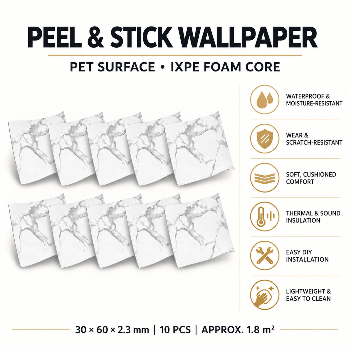 SOGA Peel & Stick Floor and Wall Tiles 30 x 60cm 10 Pack White Grey Faux Marble • LUZ-TileCZA054Med