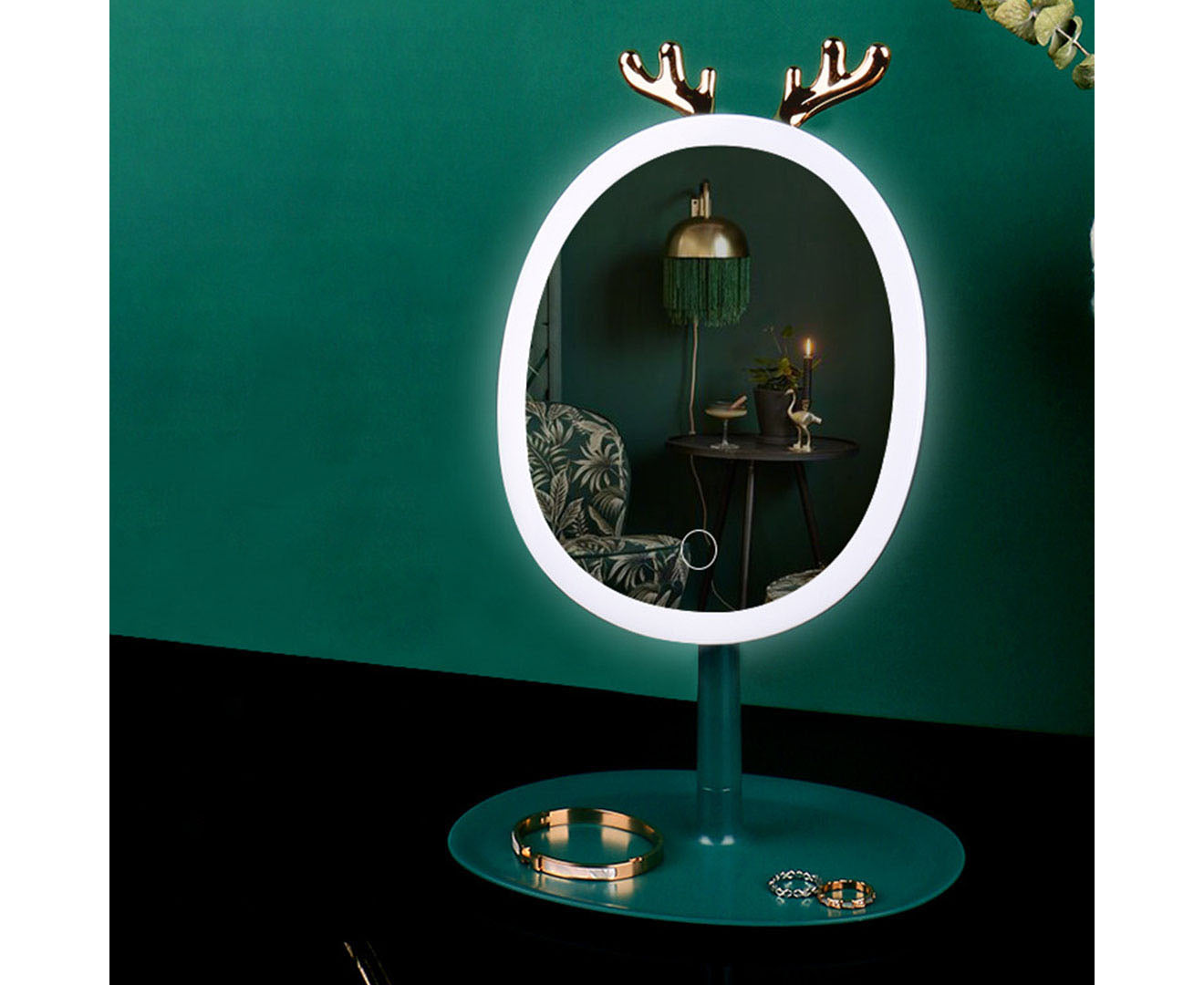 SOGA Green Cosmetic Jewelry Storage Organiser with Antler LED Light Mirror Tabletop Vanity Set LUZ-BathC110-G534