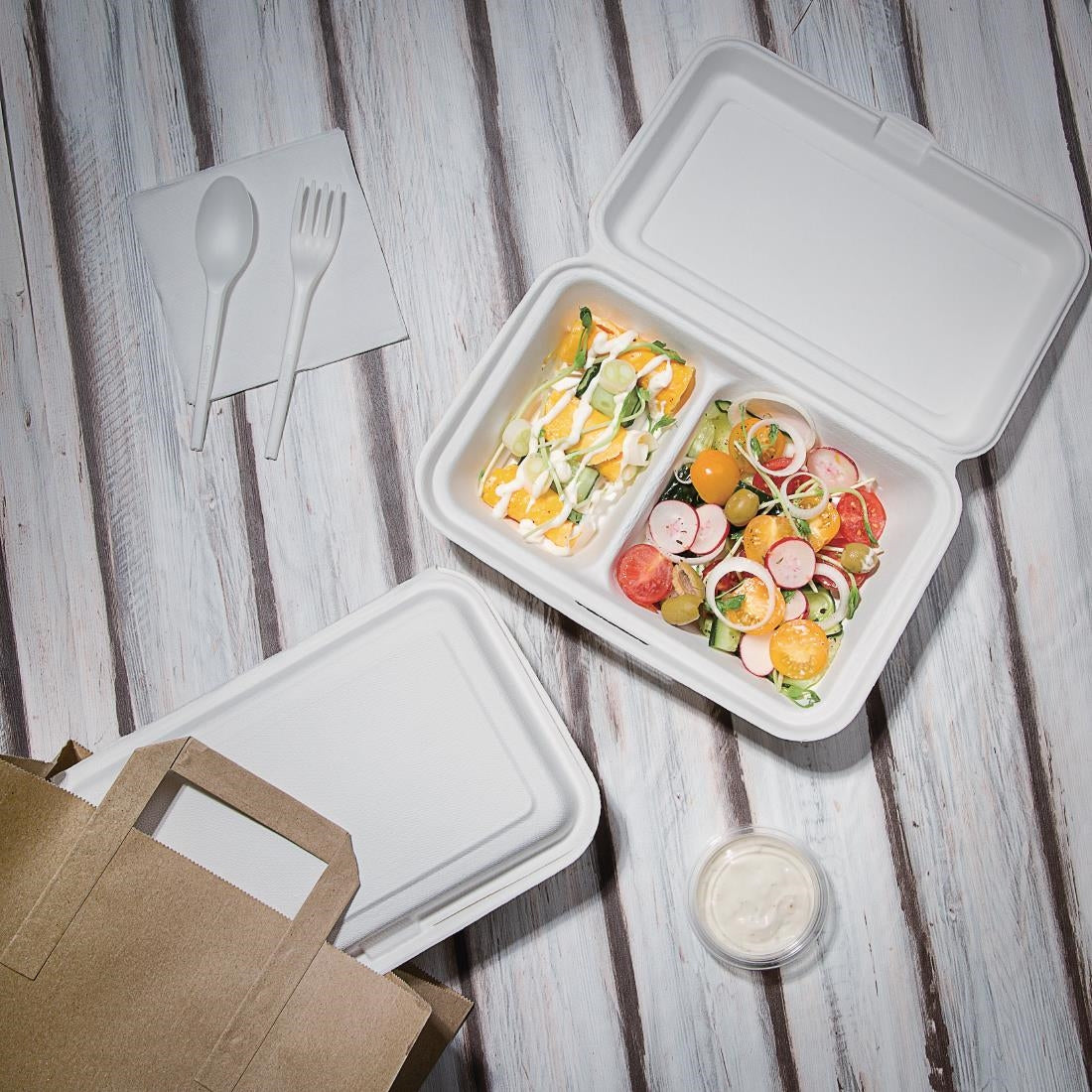 Fiesta Compostable Bagasse Food 2 Compartment Container 253mm (200 Pack) (65(H)x165(W)x253(D)mm | Pack Quantity: 200) • PAS-FC524