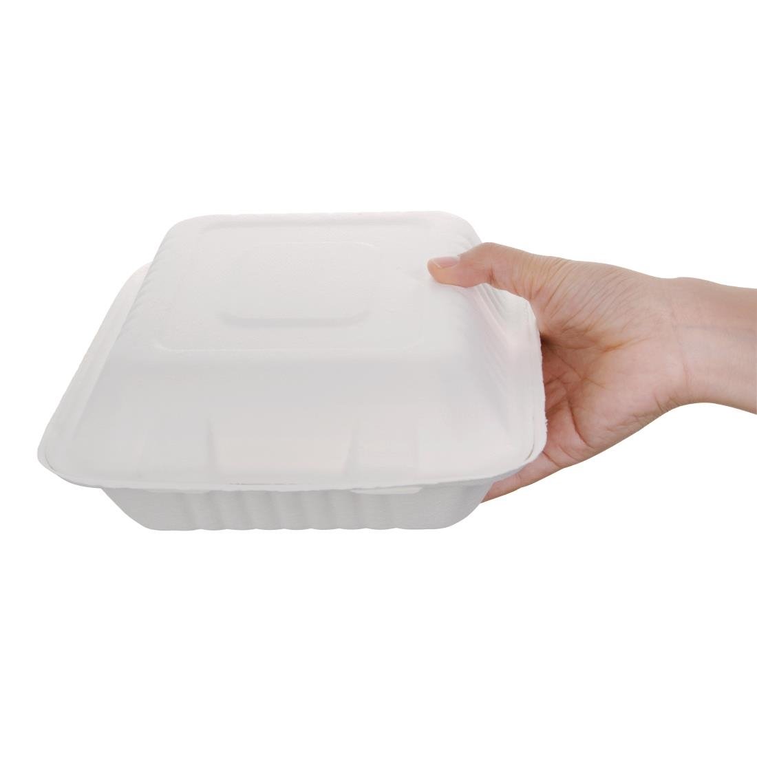 Fiesta Compostable Bagasse Hinged 3-Compartment Food Containers 201mm (Pack of 200) • PAS-FC526