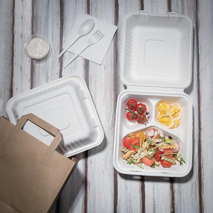 Fiesta Compostable Bagasse Hinged 3-Compartment Food Containers 201mm (Pack of 200) • PAS-FC526