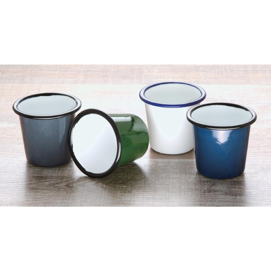 Olympia Enamel White/Blue Sauce Cup - 115ml 3.88fl oz (6 Pack) (Capacity: 114ml/4oz | Pack Quantity: 6) • PAS-DC383