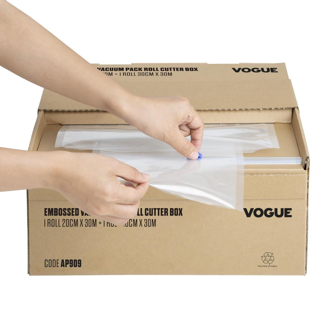 Vogue Vacuum Pack Roll with Cutter Box (Embossed) 200mm & 300mm Twin Pack (Twin Pack | 200mm  x 30m  & 300mm x 30m) • PAS-AP909