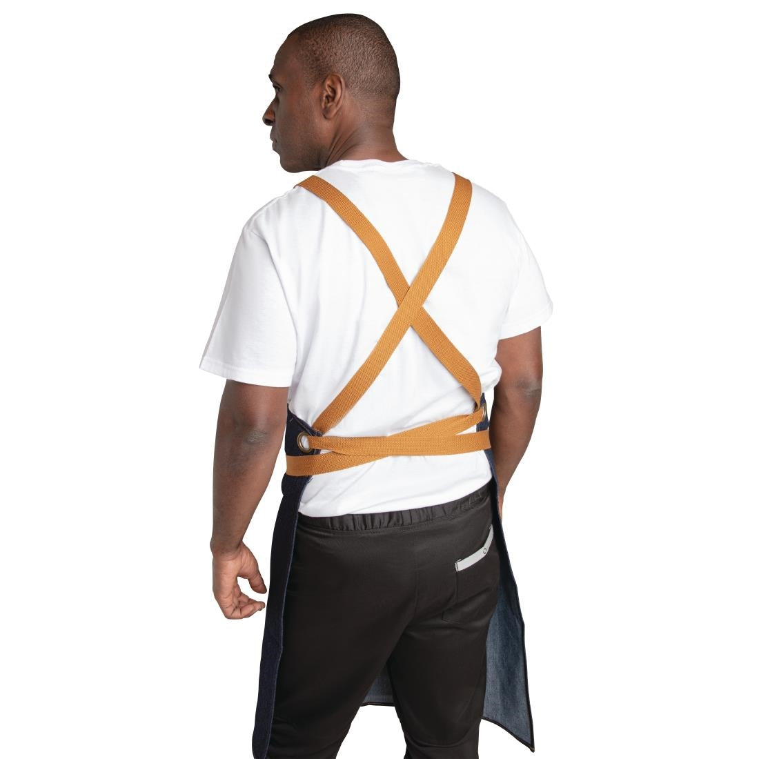 Southside X-Cross Back Bib Apron Denim Blue with Tan Ties • PAS-B984