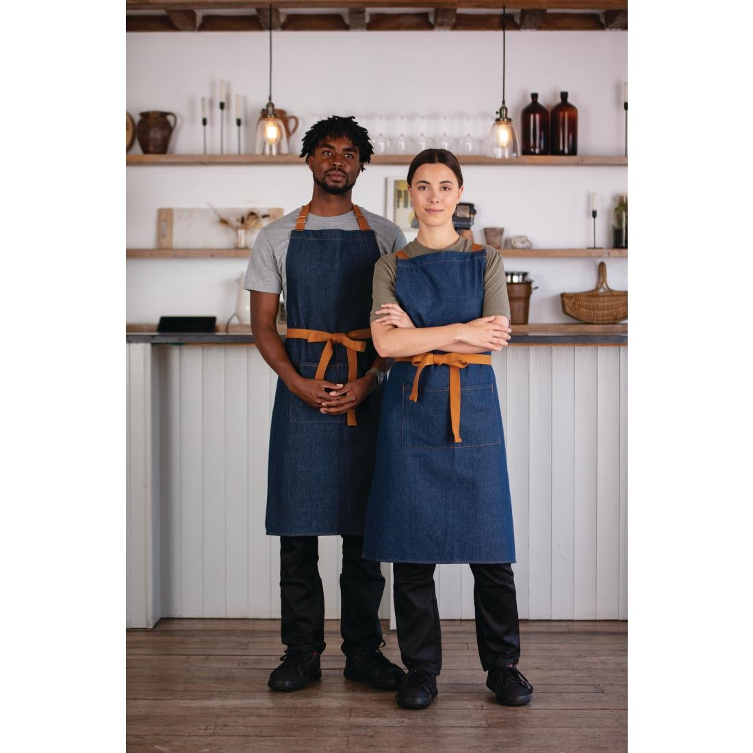 Southside X-Cross Back Bib Apron Denim Blue with Tan Ties • PAS-B984