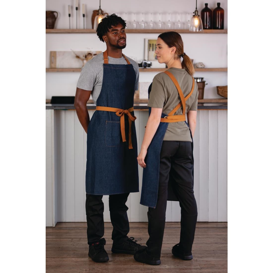 Southside X-Cross Back Bib Apron Denim Blue with Tan Ties • PAS-B984