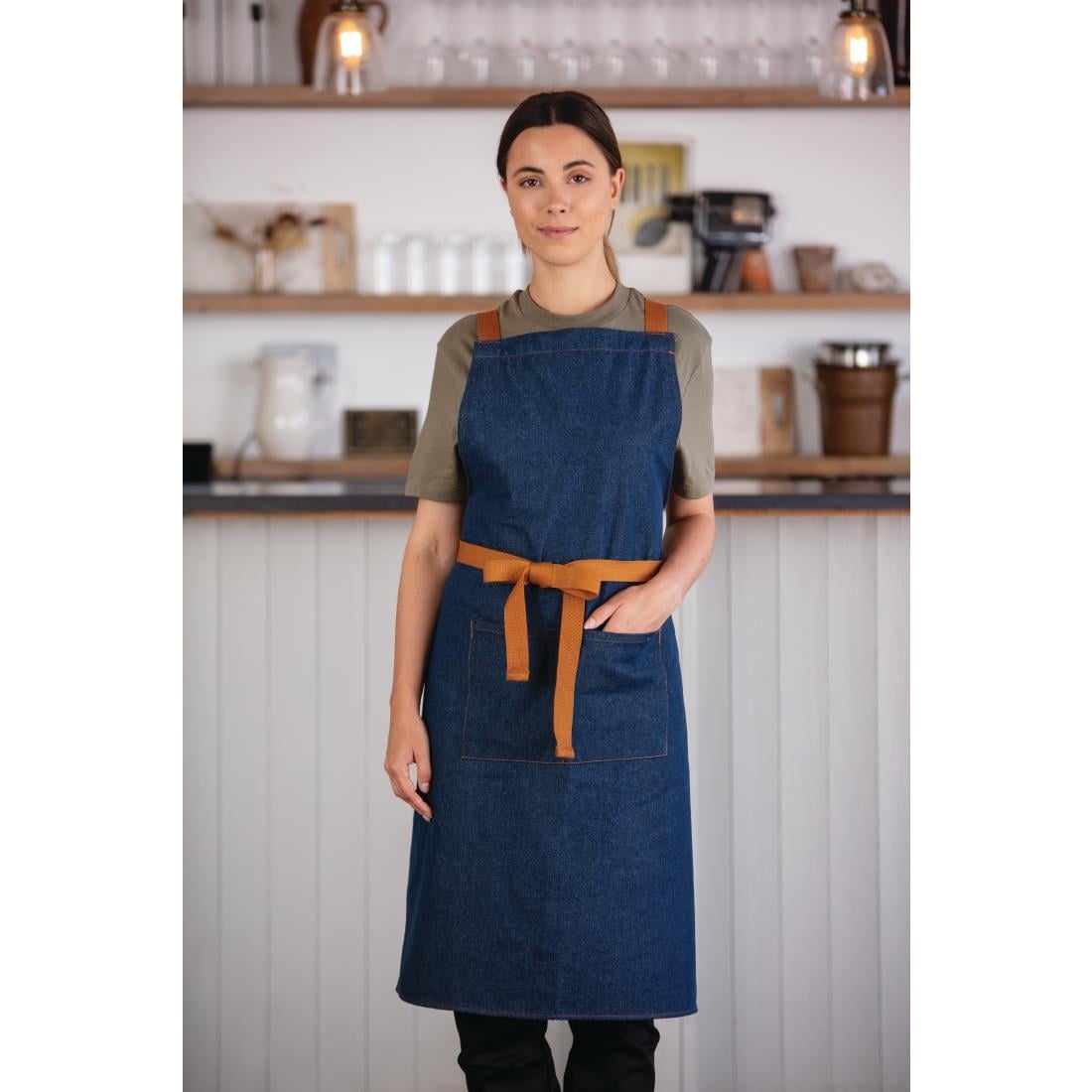 Southside X-Cross Back Bib Apron Denim Blue with Tan Ties • PAS-B984