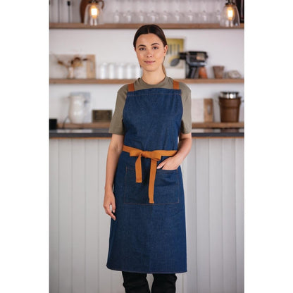 Southside X-Cross Back Bib Apron Denim Blue with Tan Ties • PAS-B984