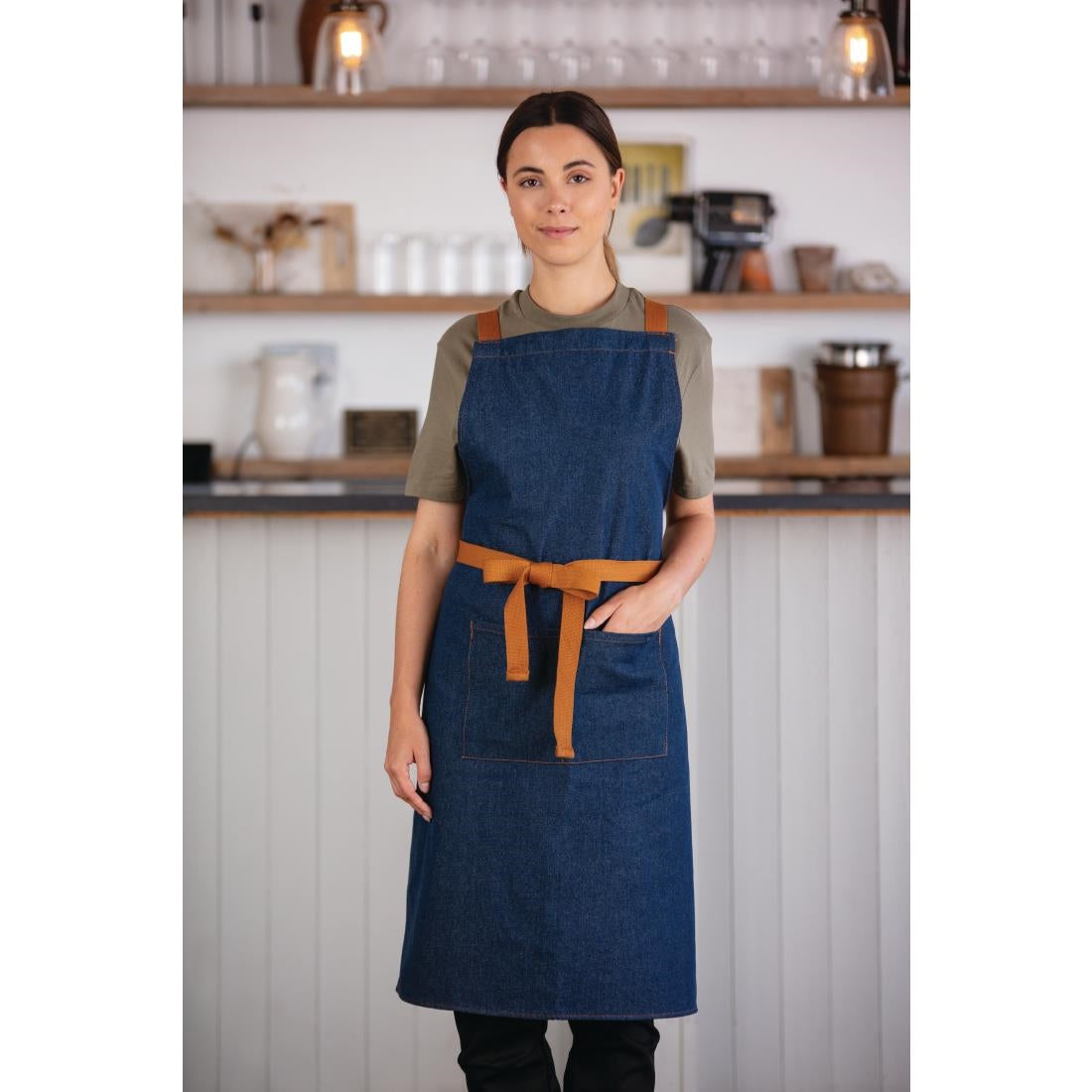 Southside X-Cross Back Bib Apron Denim Blue with Tan Ties • PAS-B984