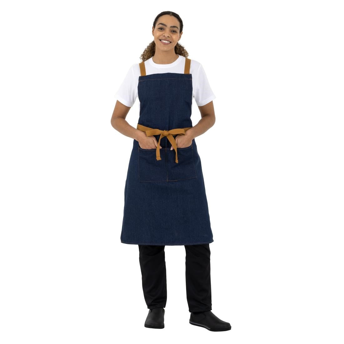 Southside X-Cross Back Bib Apron Denim Blue with Tan Ties • PAS-B984
