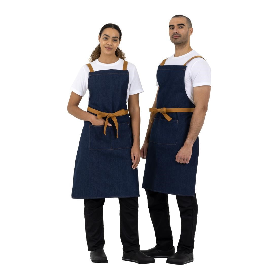 Southside X-Cross Back Bib Apron Denim Blue with Tan Ties • PAS-B984