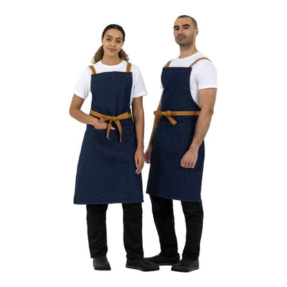 Southside X-Cross Back Bib Apron Denim Blue with Tan Ties • PAS-B984