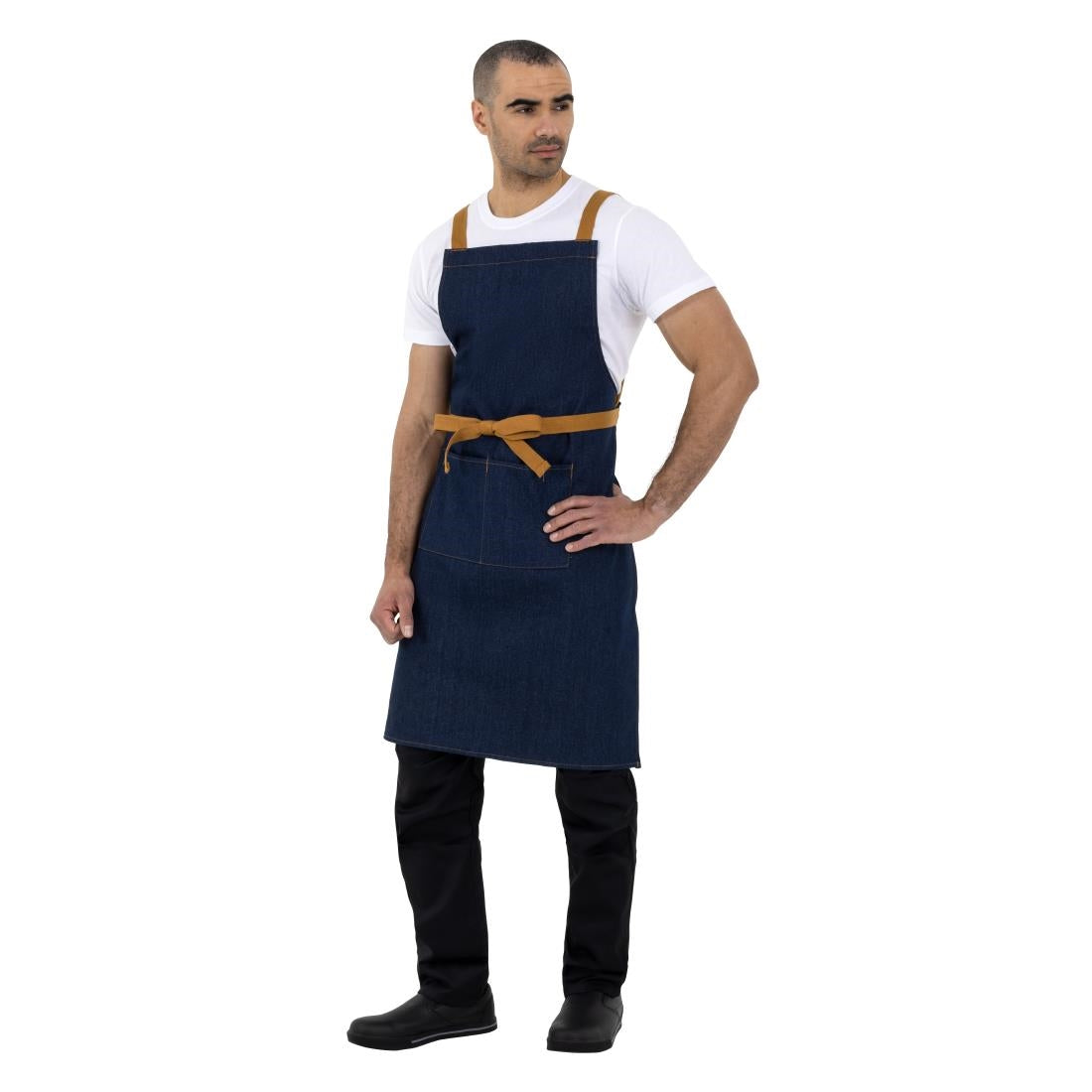 Southside X-Cross Back Bib Apron Denim Blue with Tan Ties • PAS-B984
