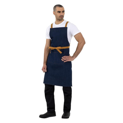 Southside X-Cross Back Bib Apron Denim Blue with Tan Ties • PAS-B984