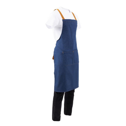 Southside X-Cross Back Bib Apron Denim Blue with Tan Ties • PAS-B984