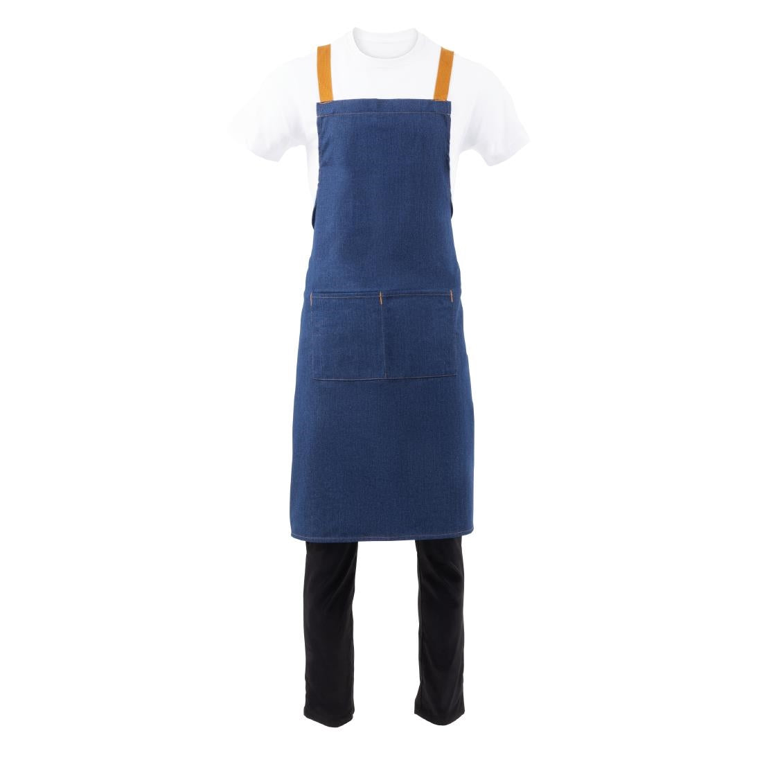 Southside X-Cross Back Bib Apron Denim Blue with Tan Ties • PAS-B984