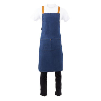 Southside X-Cross Back Bib Apron Denim Blue with Tan Ties • PAS-B984