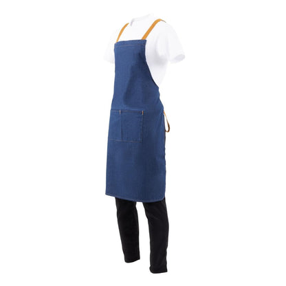 Southside X-Cross Back Bib Apron Denim Blue with Tan Ties • PAS-B984