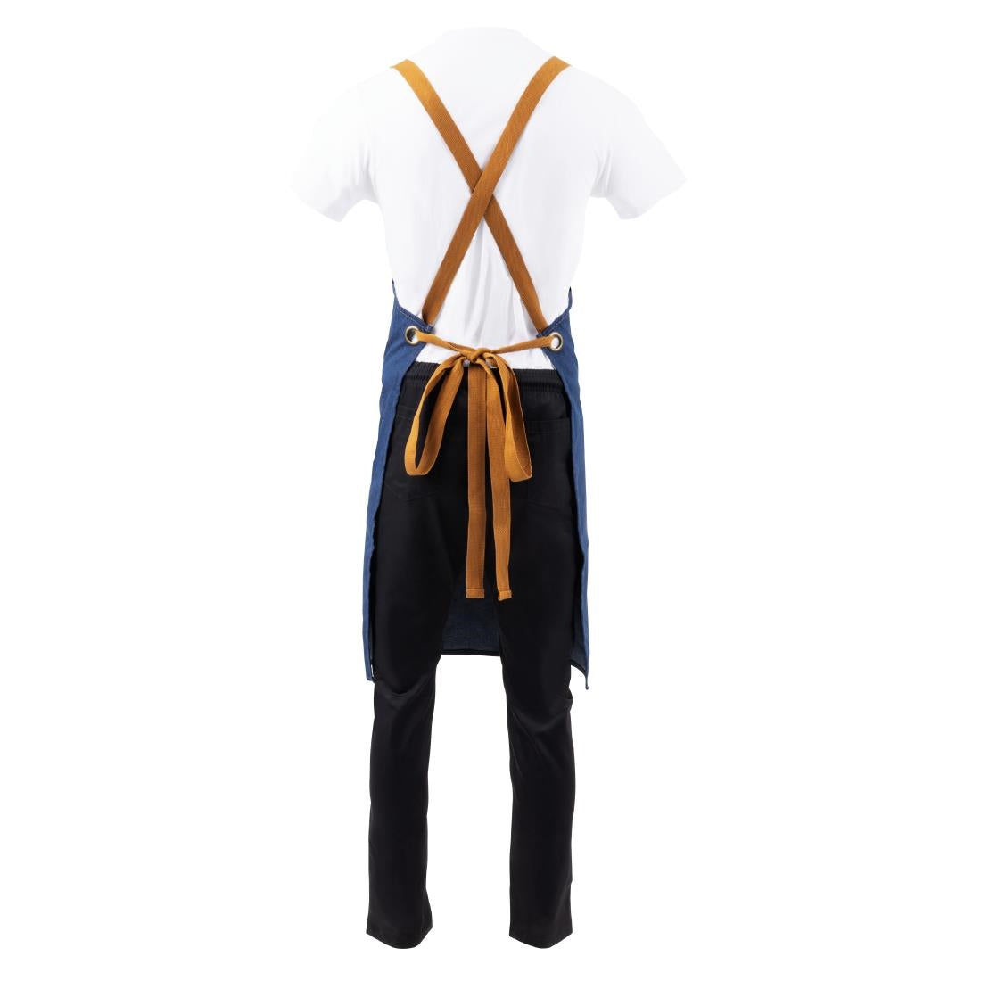 Southside X-Cross Back Bib Apron Denim Blue with Tan Ties • PAS-B984