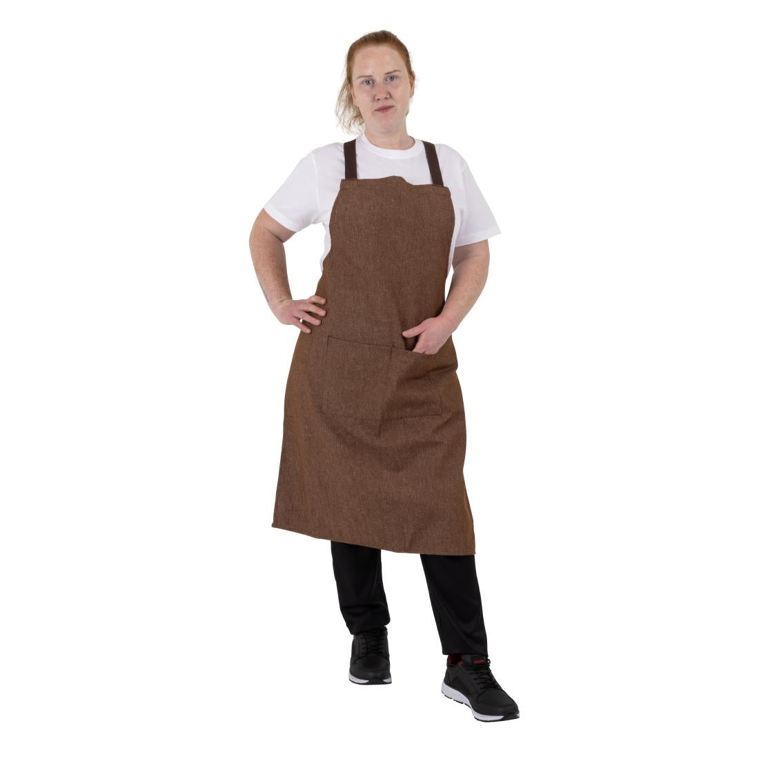 Southside X-Cross Back Bib Apron Denim Tan with Brown Ties • PAS-BA120