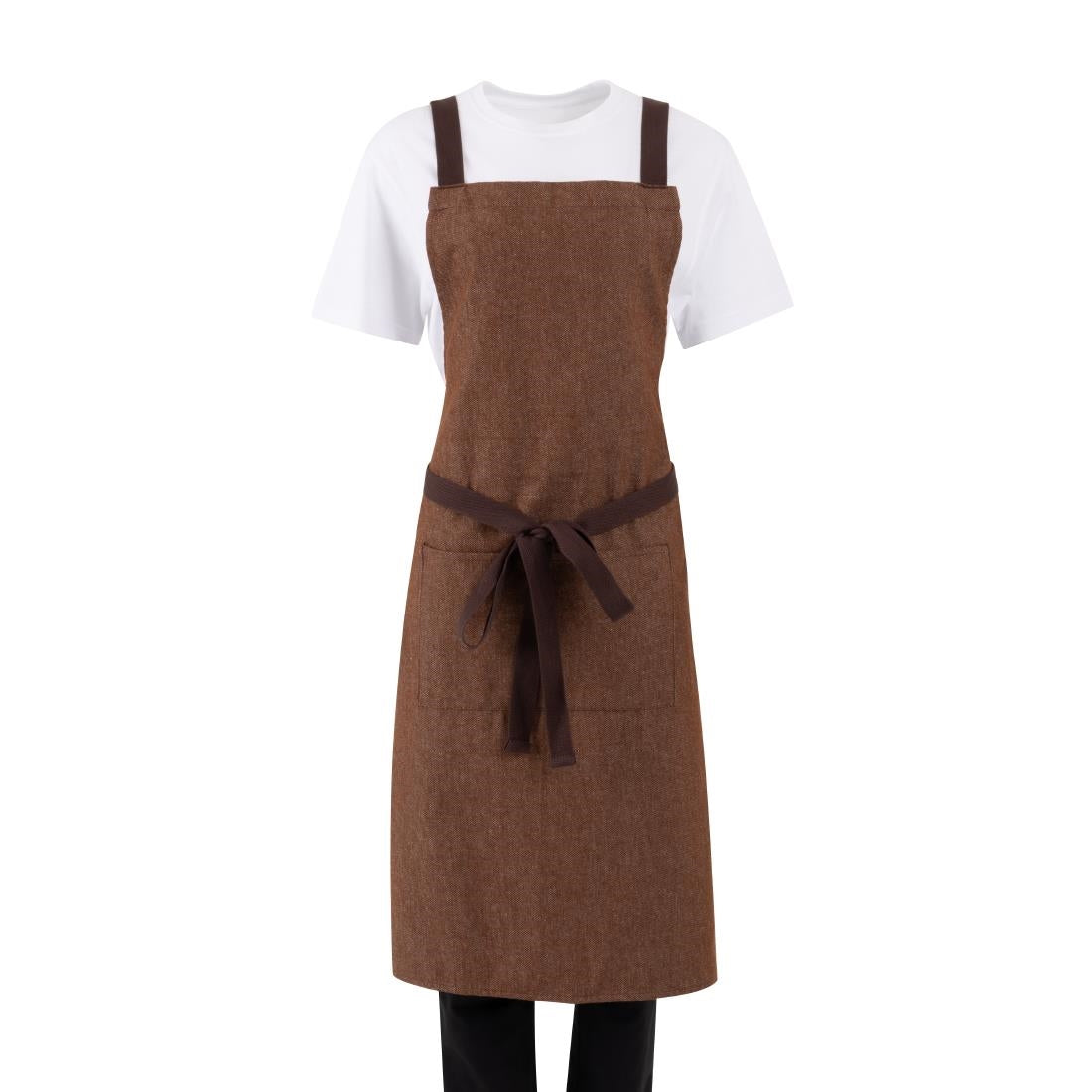 Southside X-Cross Back Bib Apron Denim Tan with Brown Ties • PAS-BA120