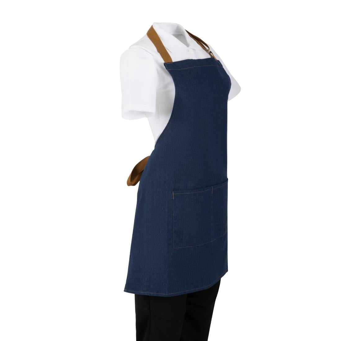 Southside Short Length Bib Apron Denim Blue with Tan Ties • PAS-BA158