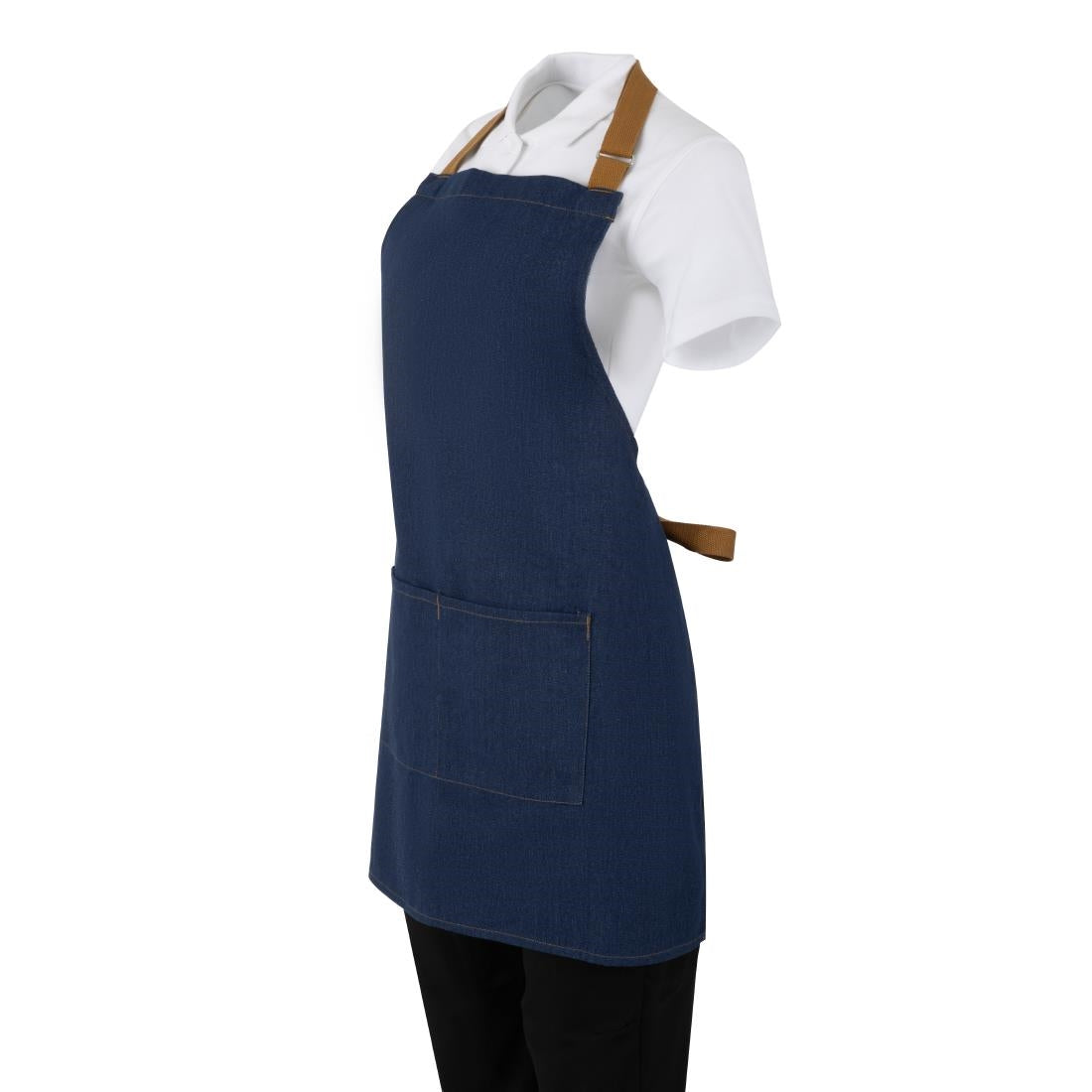Southside Short Length Bib Apron Denim Blue with Tan Ties • PAS-BA158