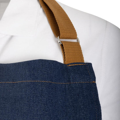 Southside Short Length Bib Apron Denim Blue with Tan Ties • PAS-BA158