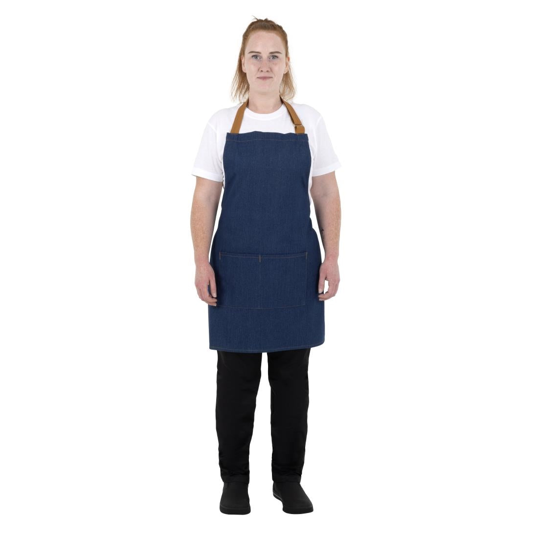 Southside Short Length Bib Apron Denim Blue with Tan Ties • PAS-BA158