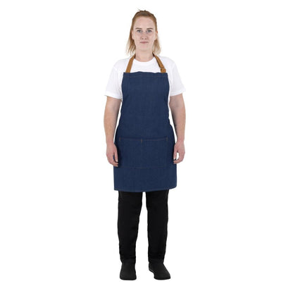 Southside Short Length Bib Apron Denim Blue with Tan Ties • PAS-BA158