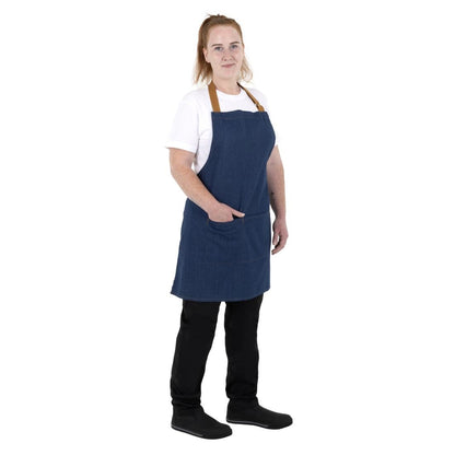 Southside Short Length Bib Apron Denim Blue with Tan Ties • PAS-BA158