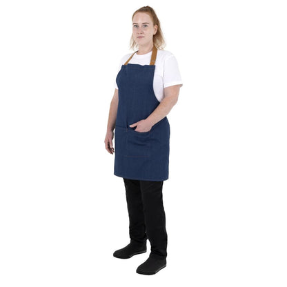 Southside Short Length Bib Apron Denim Blue with Tan Ties • PAS-BA158