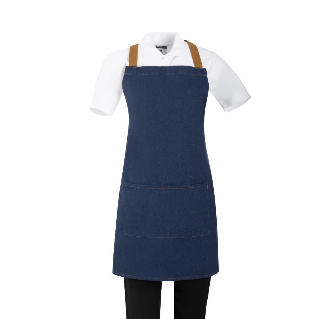 Southside Short Length X-Cross Back Bib Apron Denim Blue with Tan Ties • PAS-BA159