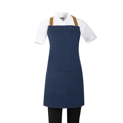 Southside Short Length X-Cross Back Bib Apron Denim Blue with Tan Ties • PAS-BA159