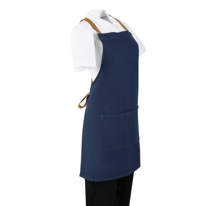 Southside Short Length X-Cross Back Bib Apron Denim Blue with Tan Ties • PAS-BA159