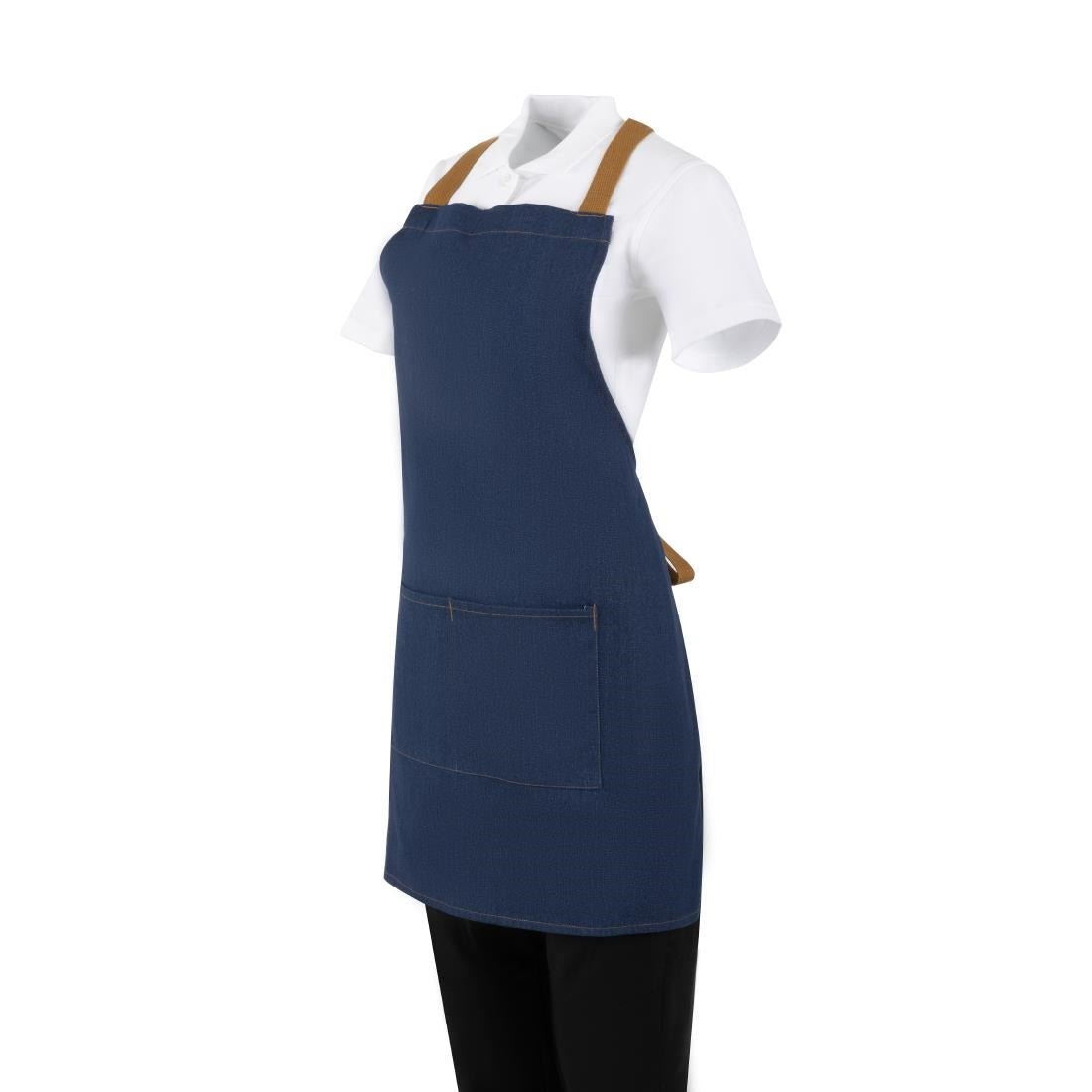 Southside Short Length X-Cross Back Bib Apron Denim Blue with Tan Ties • PAS-BA159