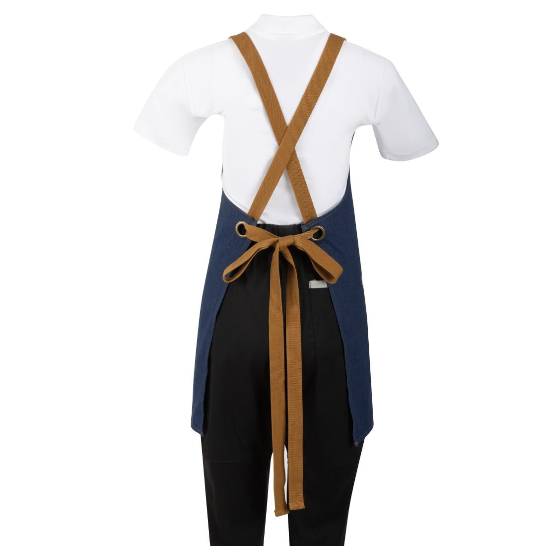 Southside Short Length X-Cross Back Bib Apron Denim Blue with Tan Ties • PAS-BA159
