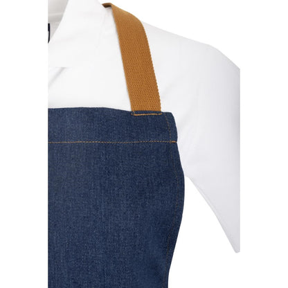Southside Short Length X-Cross Back Bib Apron Denim Blue with Tan Ties • PAS-BA159