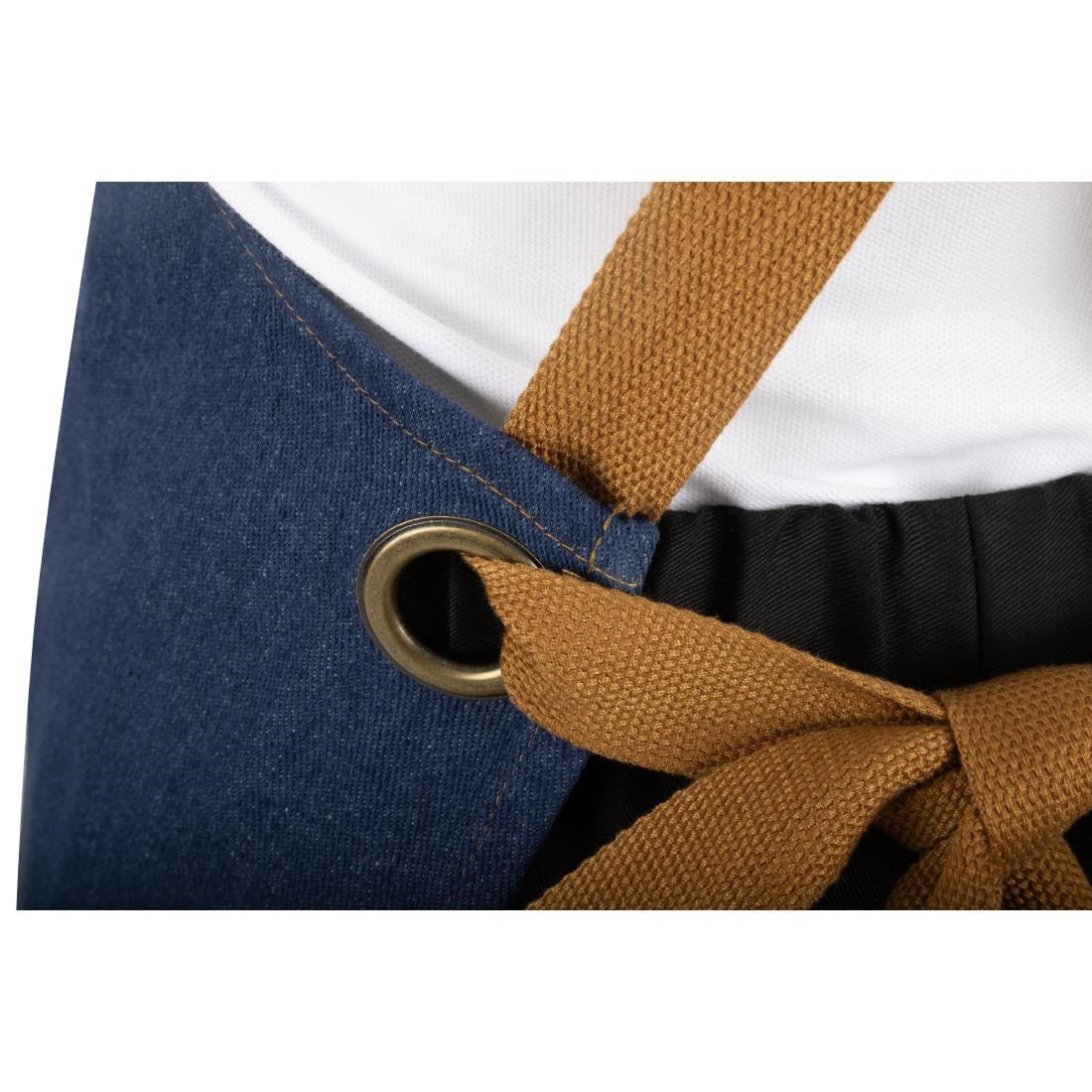 Southside Short Length X-Cross Back Bib Apron Denim Blue with Tan Ties • PAS-BA159