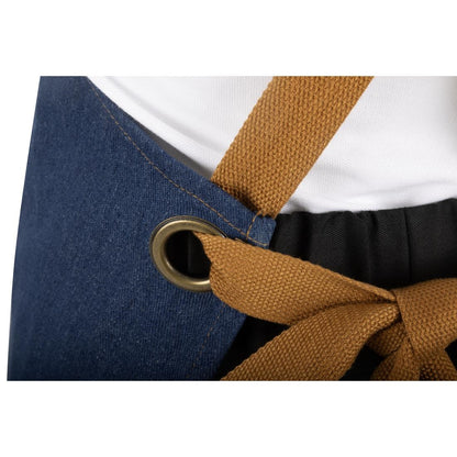 Southside Short Length X-Cross Back Bib Apron Denim Blue with Tan Ties • PAS-BA159