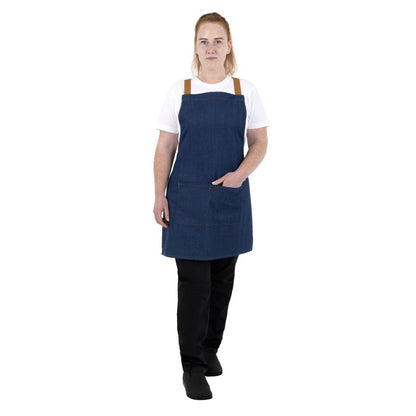 Southside Short Length X-Cross Back Bib Apron Denim Blue with Tan Ties • PAS-BA159