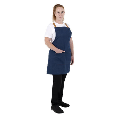 Southside Short Length X-Cross Back Bib Apron Denim Blue with Tan Ties • PAS-BA159