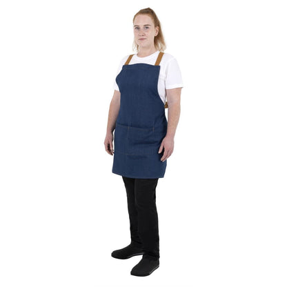 Southside Short Length X-Cross Back Bib Apron Denim Blue with Tan Ties • PAS-BA159