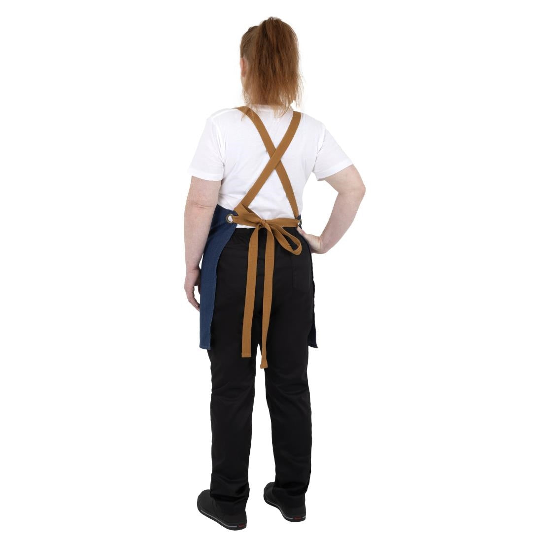Southside Short Length X-Cross Back Bib Apron Denim Blue with Tan Ties • PAS-BA159
