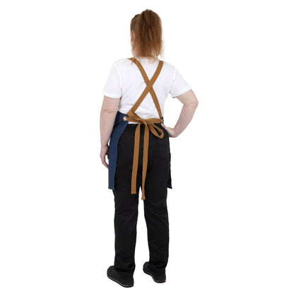 Southside Short Length X-Cross Back Bib Apron Denim Blue with Tan Ties • PAS-BA159