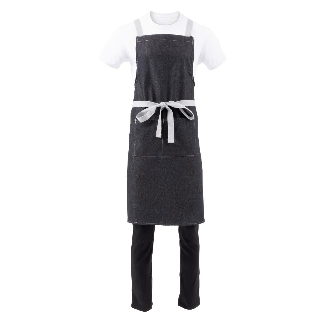 Southside X-Cross Back Bib Apron Denim Black with Grey Ties • PAS-BB057