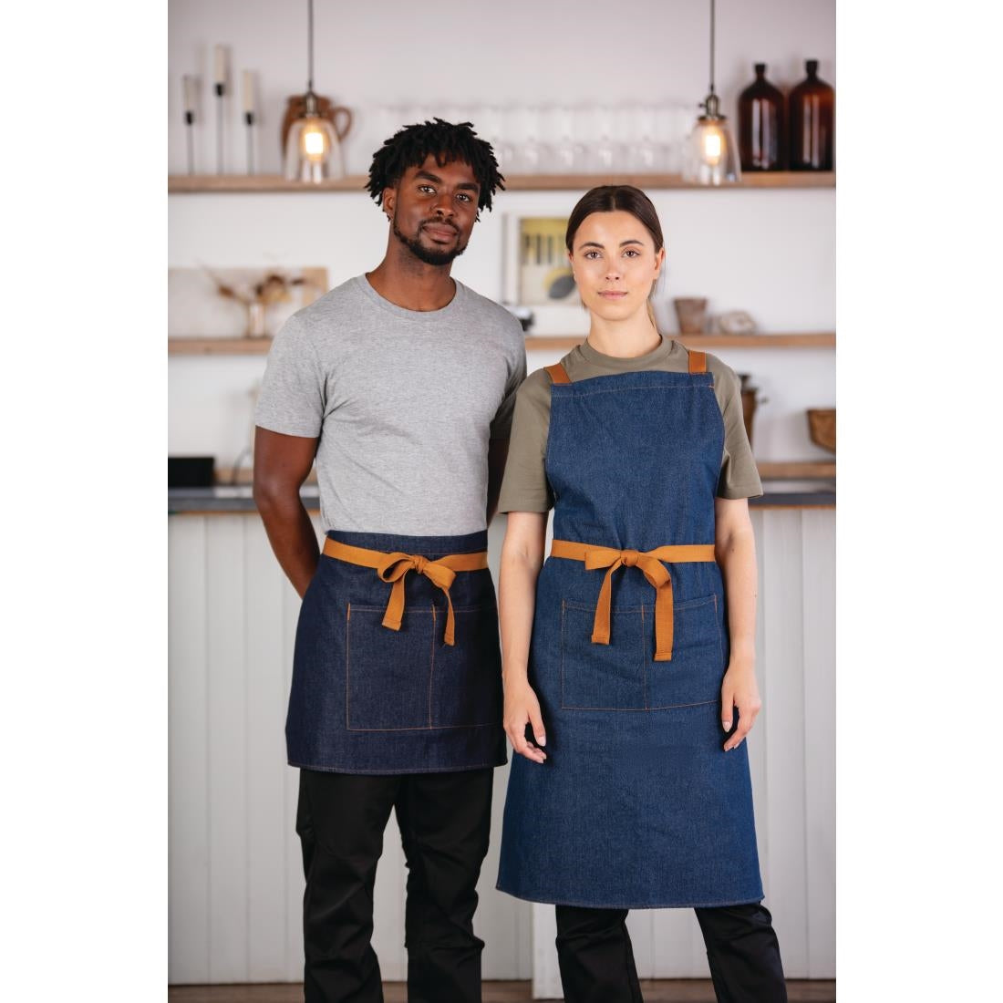 Southside X-Cross Back Bib Apron Denim Blue with Tan Ties • PAS-B984