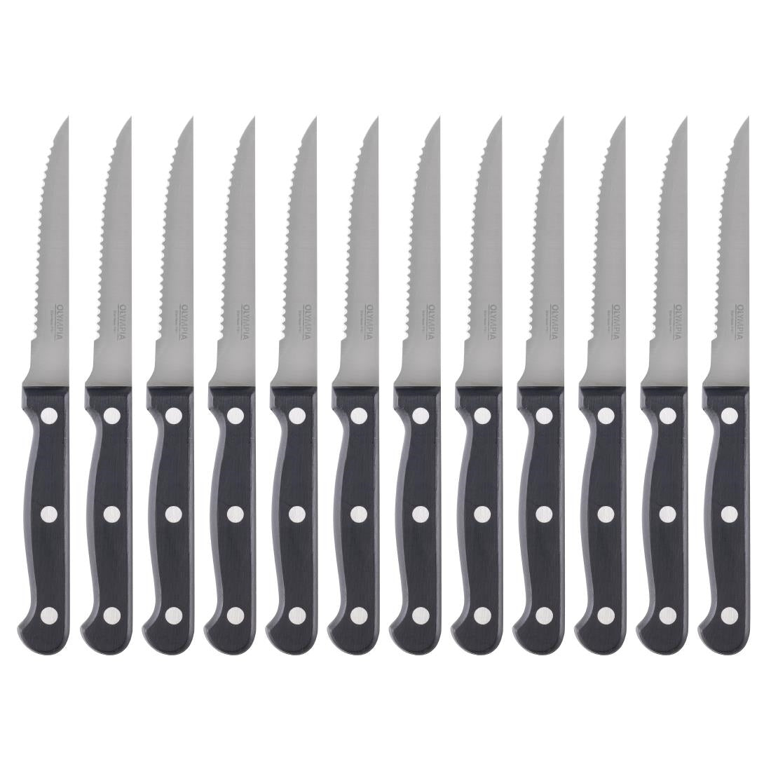 Olympia Steak Knives Black - 4 1/2" (12 Pack) (215(L)mm. Serrated Blade. Pack Quantity: 12. Material: 18/0 Stainless Steel) • PAS-C134